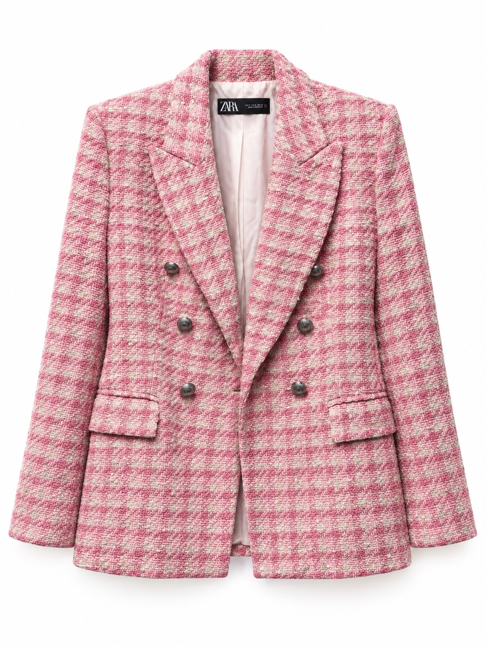 Zara Pink Houndstooth Double-Breasted Blazer